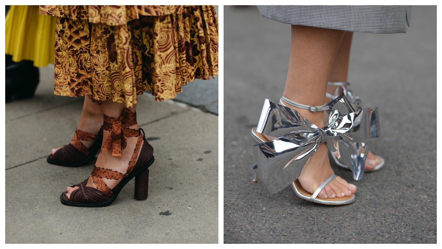 two women wearing sandals in brown and silver with nude pedicures
