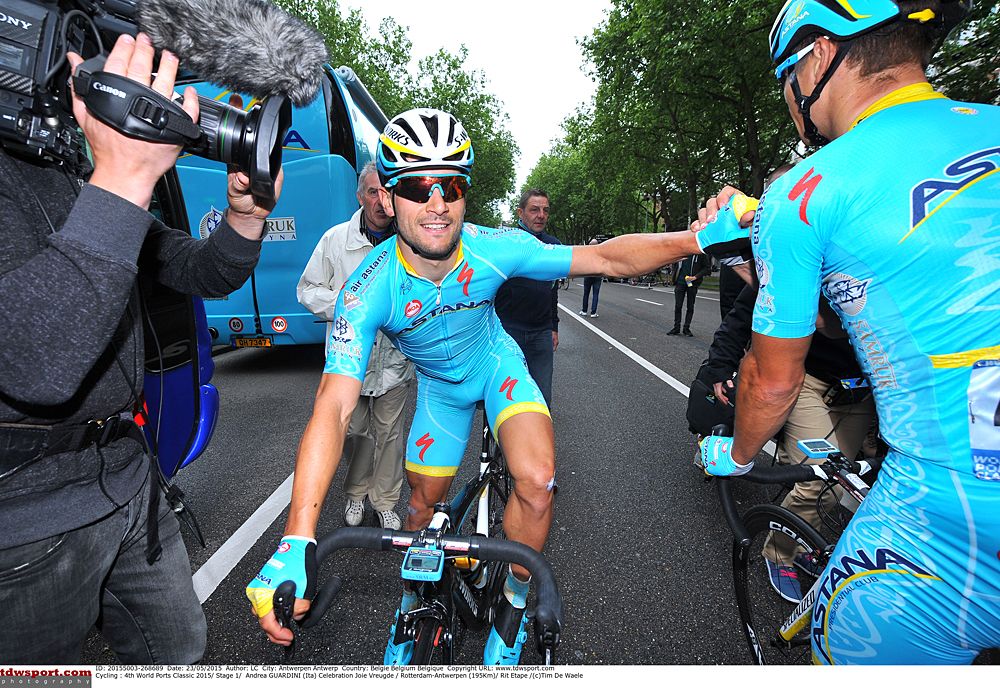 Astana teammates congratulate Andrea Guardini
