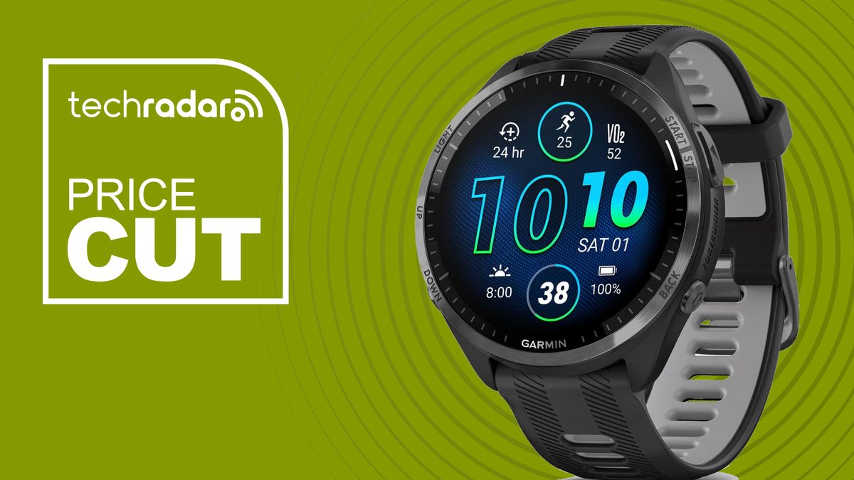 Garmin Forerunner 965 black watch on lime-green TechRadar banner