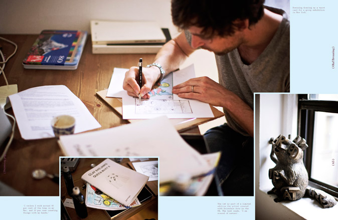 Olaf Breuning drawing a tarot card for a group exhibition in New York