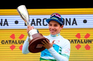 Astana´s Colombian Miguel Angel Lopez overall leader celebrates next after winning the 99th Volta Catalunya 2019 on March 31, 2019 in Barcelona.