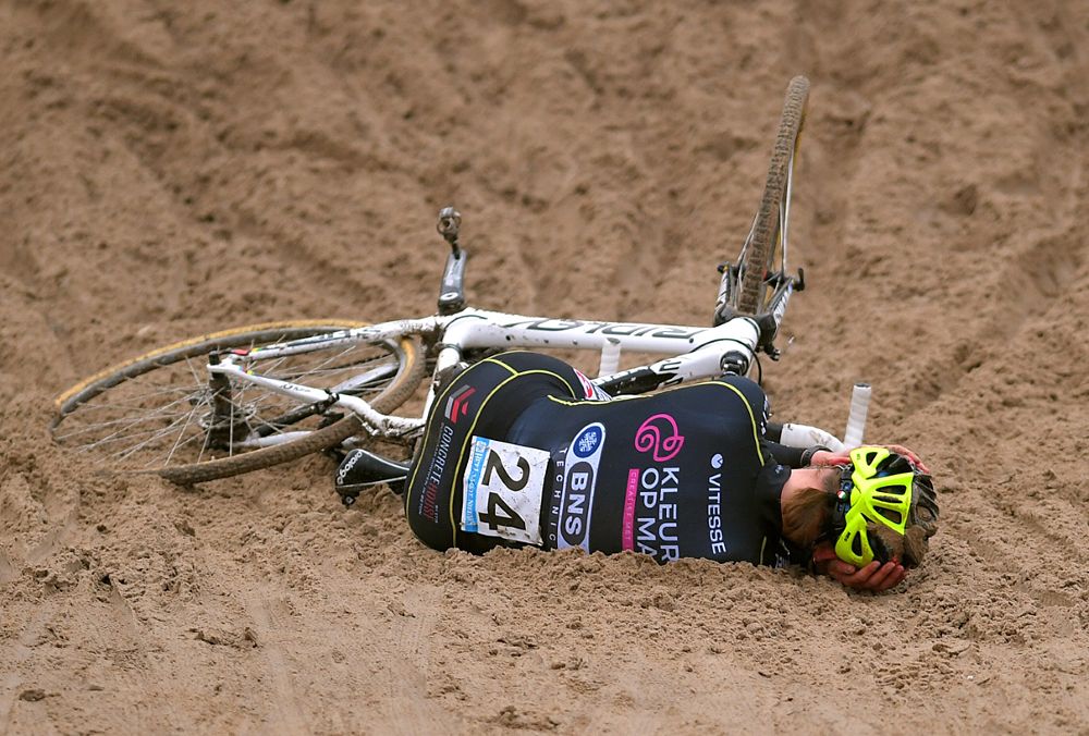 A rider crashes at the Superprestige Zonhoven