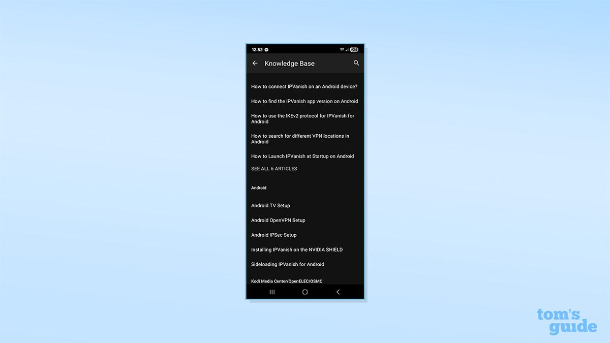IPVanish's knowledge base tab on its Android app