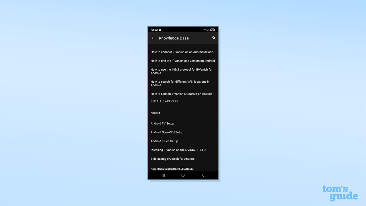 IPVanish's knowledge base tab on its Android app