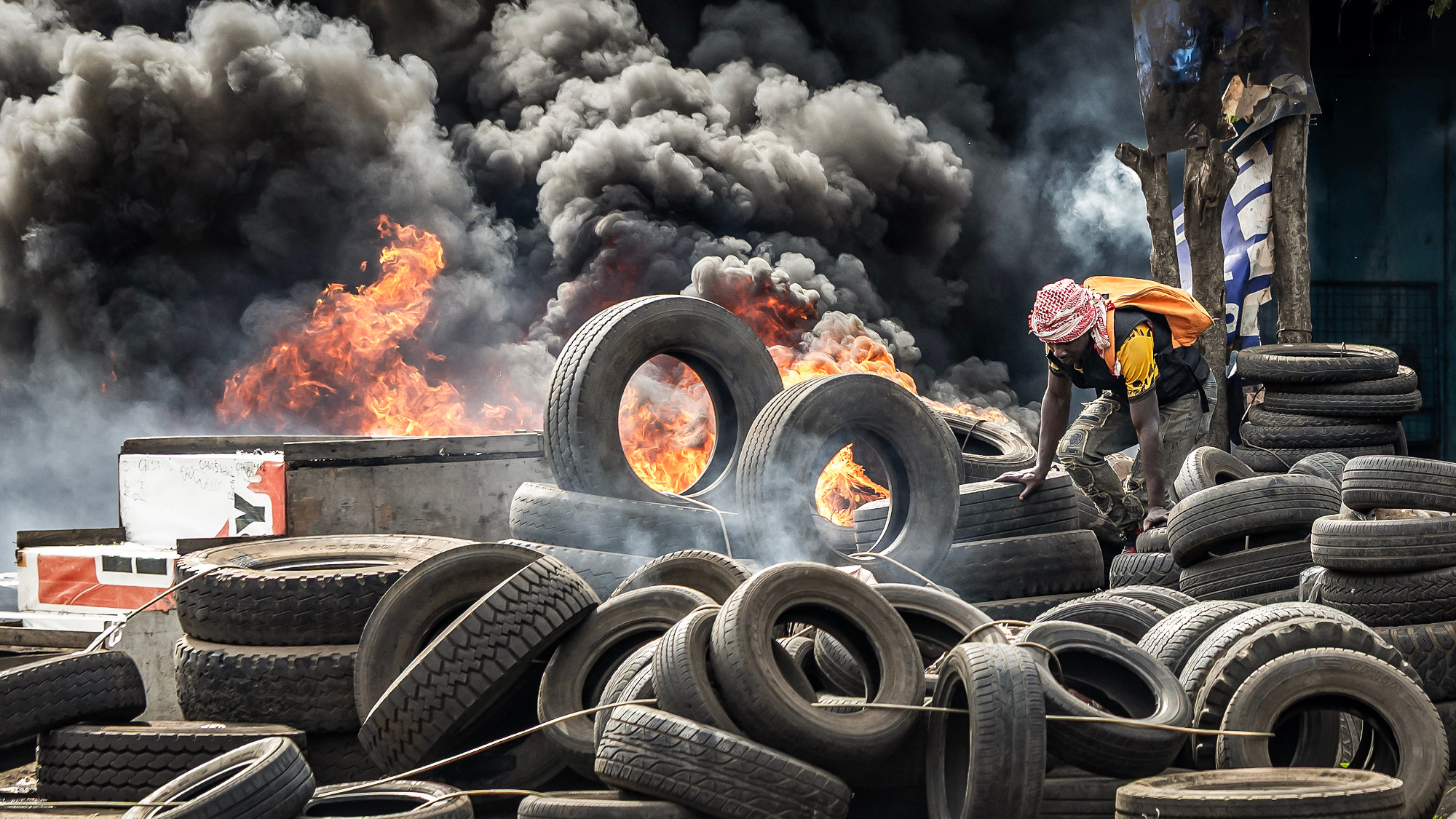 A barricade made out of tires