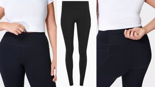 Sweaty Betty Power leggings in three views, including back pockets and drawstring waistband, highlighting key details