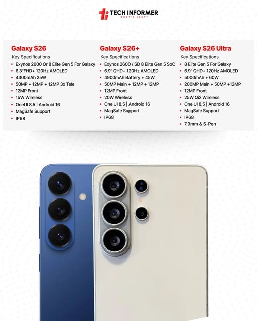 leaked spec sheet of the Galaxy S26 lineup on Facebook