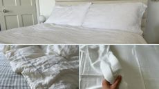 Three images of the best cooling sheets, made from cotton, linen, and silk