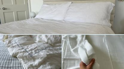 Three images of the best cooling sheets, made from cotton, linen, and silk