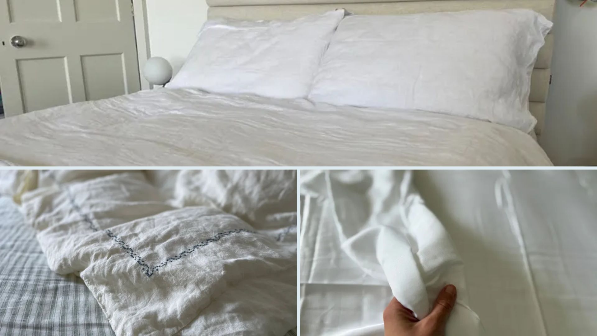 Three images of the best cooling sheets, made from cotton, linen, and silk