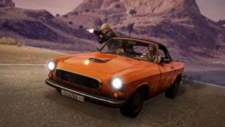 Players race away from the boundary in a bright orange retro car with guns blazing