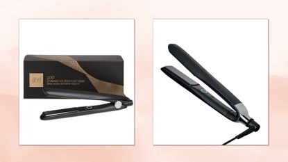 Collage of two ghd straighteners (L-R) the ghd Gold Straighteners alongside the ghd Platinum+ styler/ in a peach watercolour paint-style template