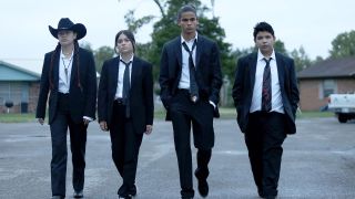 Devery Jacobs, D'Pharaoh Woon-A-Tai, Lane Factor, Paulina Alexis in suits in Reservation Dogs