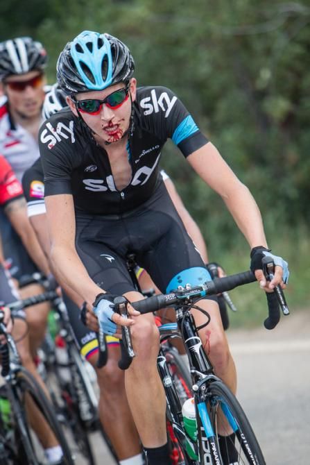 Joe Dombrowski (Sky) suffered a dry air nosebleed part way through the day.