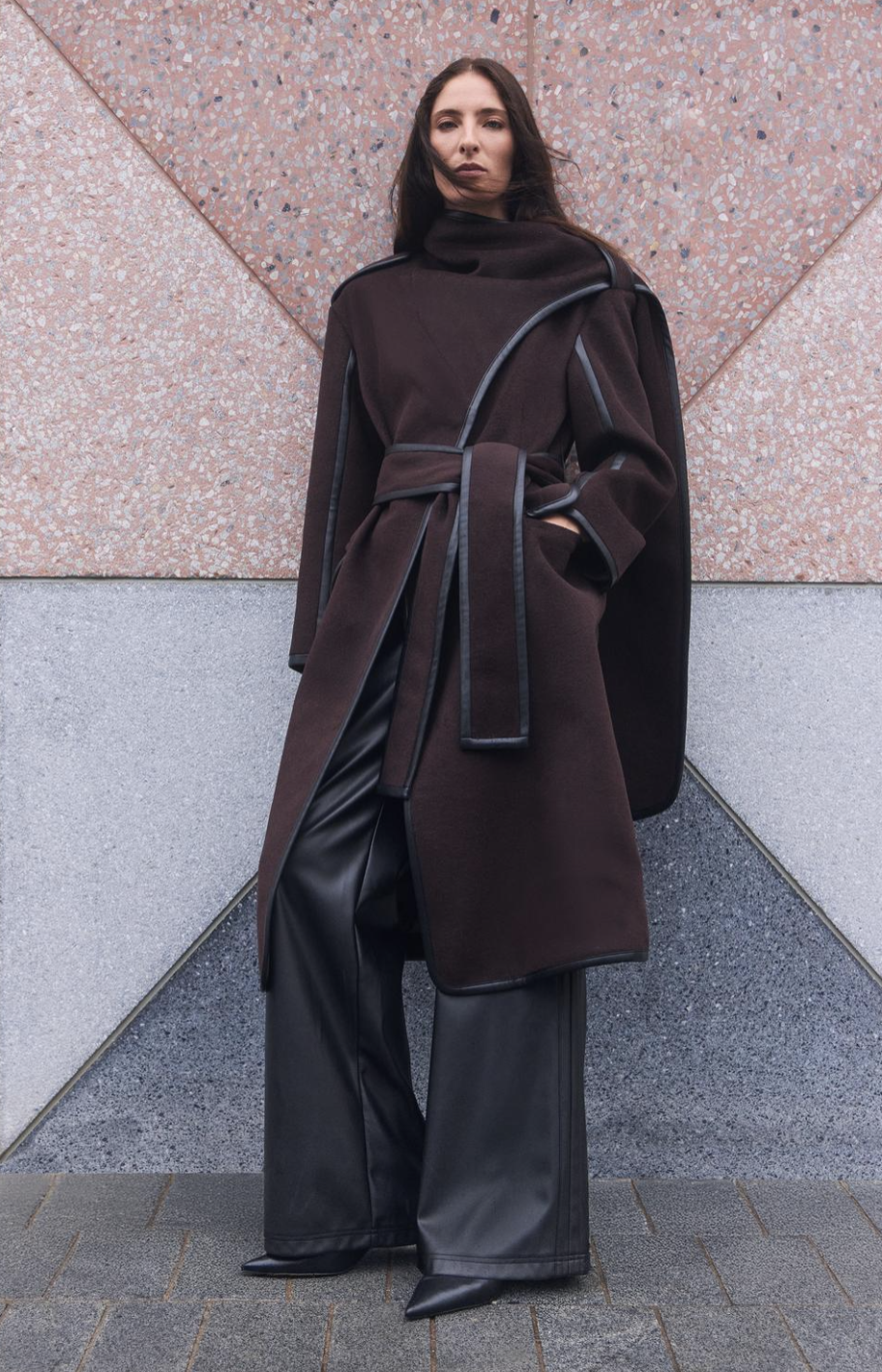 Karen Millen, Brushed Wool Pu Mix Scarf Neck Belted Tailored Maxi Coat