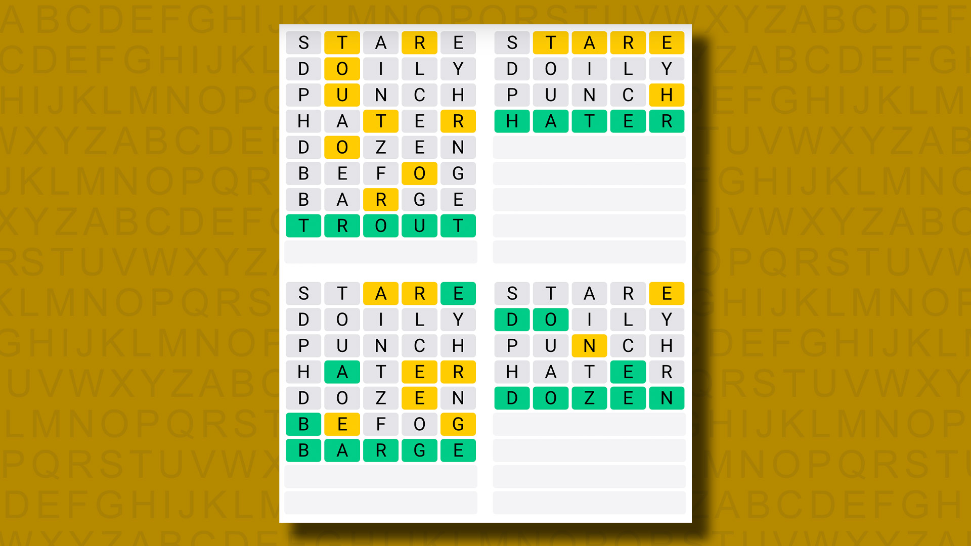 Quordle responde al juego 988 sobre un fondo amarillo