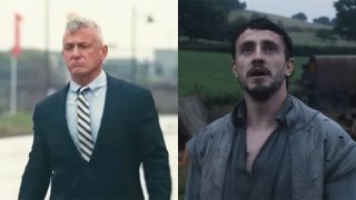 Sean Penn in a suit in One Battle After Another walking funny and Paul Mescal in old timey clothes looking at the sky in Hamnet.