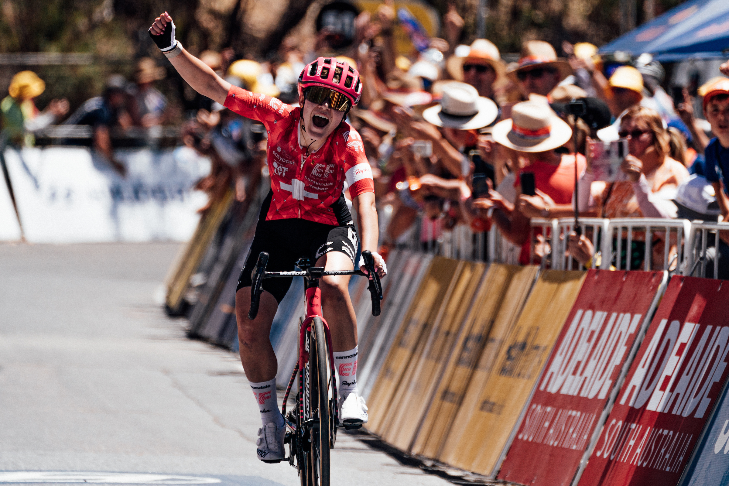 Picture by Zac Williams/SWpix.com - 18/01/2025 - Cycling - 2025 Santos Women's Tour Down Under, Stage 2 Unley to Willunga Hill, Adelaide, Australia - Noemi Ruegg, EF Education Oatly, wins Stage 2.