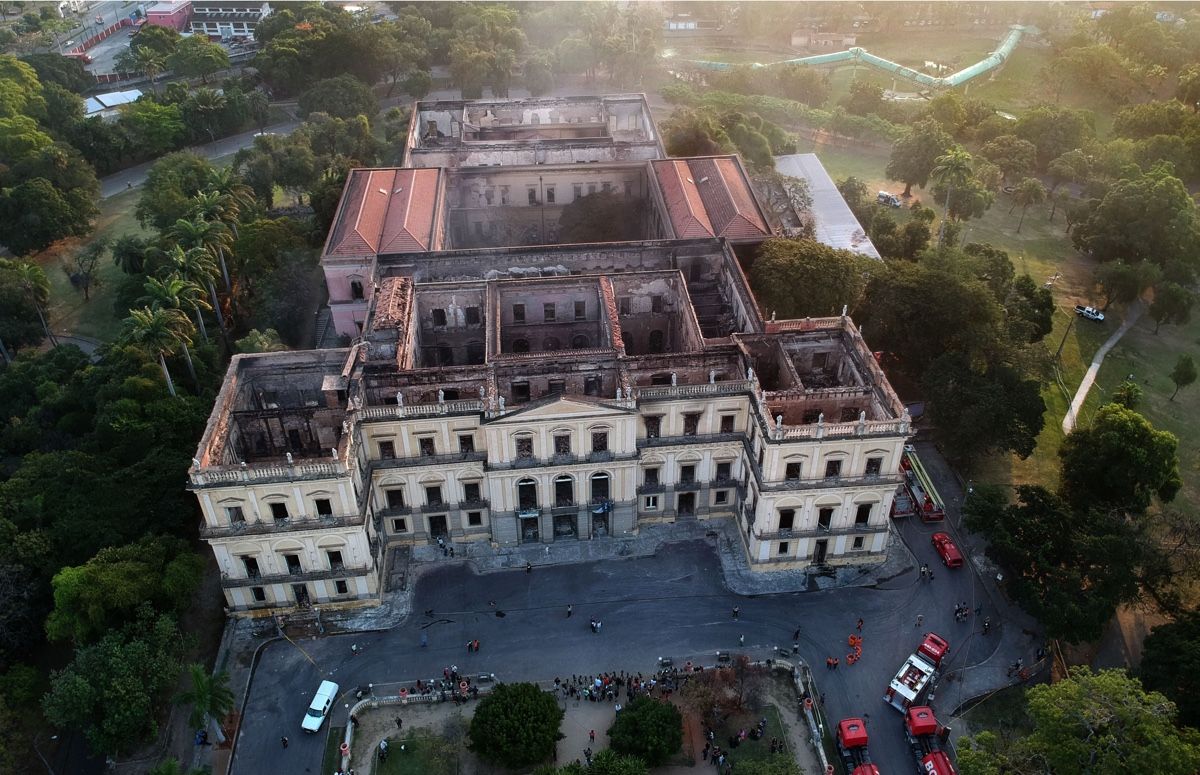 This drone view shows Rio de Janeiro&#039;s 200-year-old National Museum, on Sept. 3, 2018, a day after a massive fire ripped through the building.