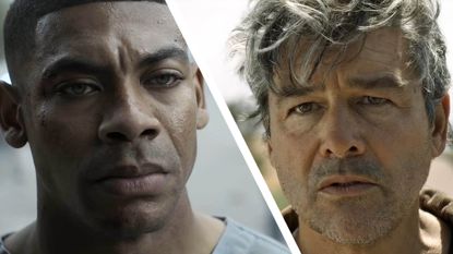 A collage of close-up shots of Aaron Pierre's John Stewart and Kyle Chandler's Hal Jordan in Lanterns episode 5