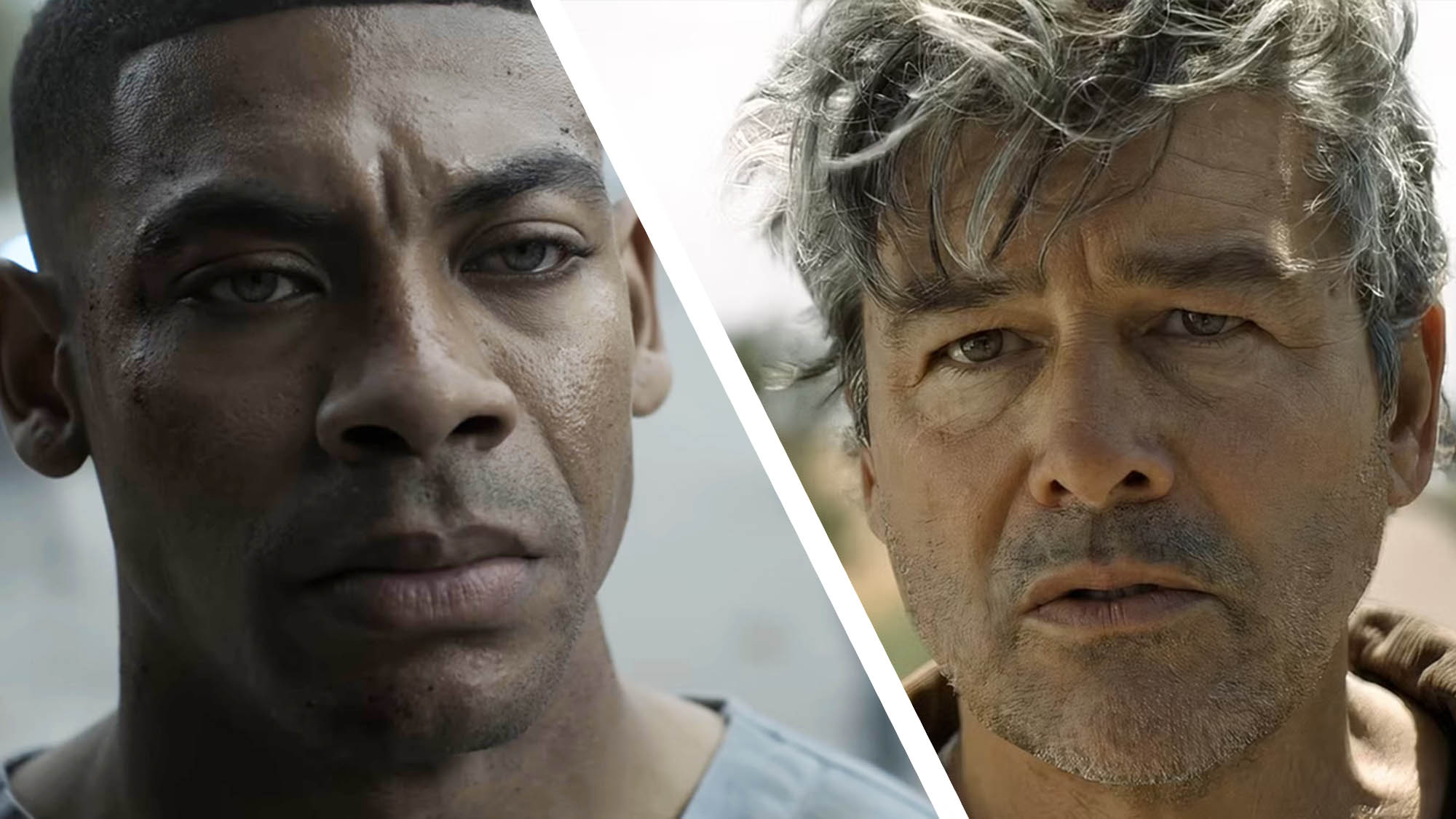 A collage of close-up shots of Aaron Pierre's John Stewart and Kyle Chandler's Hal Jordan in Lanterns episode 5
