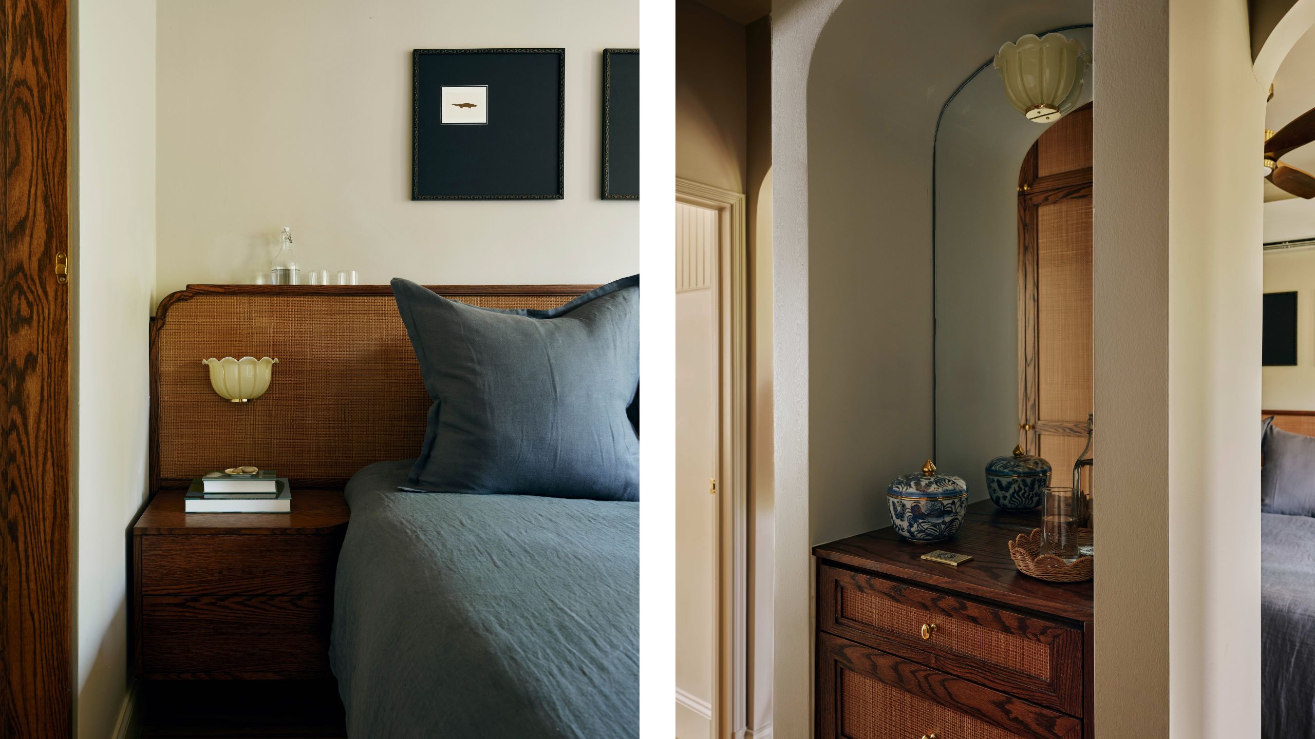 two side by side close up shots of a primary bedroom with neutral walls, oak headboard and dusty blue bed linens