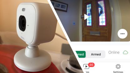 Split image of Blink Mini 2 security camera and footage recorded using the camera