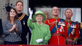 Princess Eugenie, Prince William, Queen Elizabeth II, Prince Philip, Duke of Edinburgh and Prince Charles, Prince of Wales watch a flypast from the balcony of Buckingham Palace in 2007