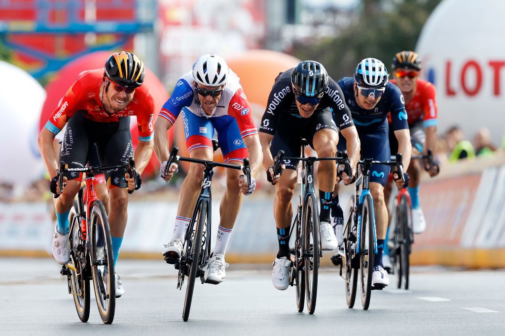 RZESZOW POLAND AUGUST 03 LR Phil Bauhaus of Germany and Team Bahrain Victorious Arnaud Demare of France and Team Groupama FDJ and Nikias Arndt of Germany and Team DSM sprint to win during the 79th Tour de Pologne 2022 Stage 5 a 1781km stage from Lancut to Rzeszow TdP22 WorldTour on August 03 2022 in Rzeszow Poland Photo by Bas CzerwinskiGetty Images