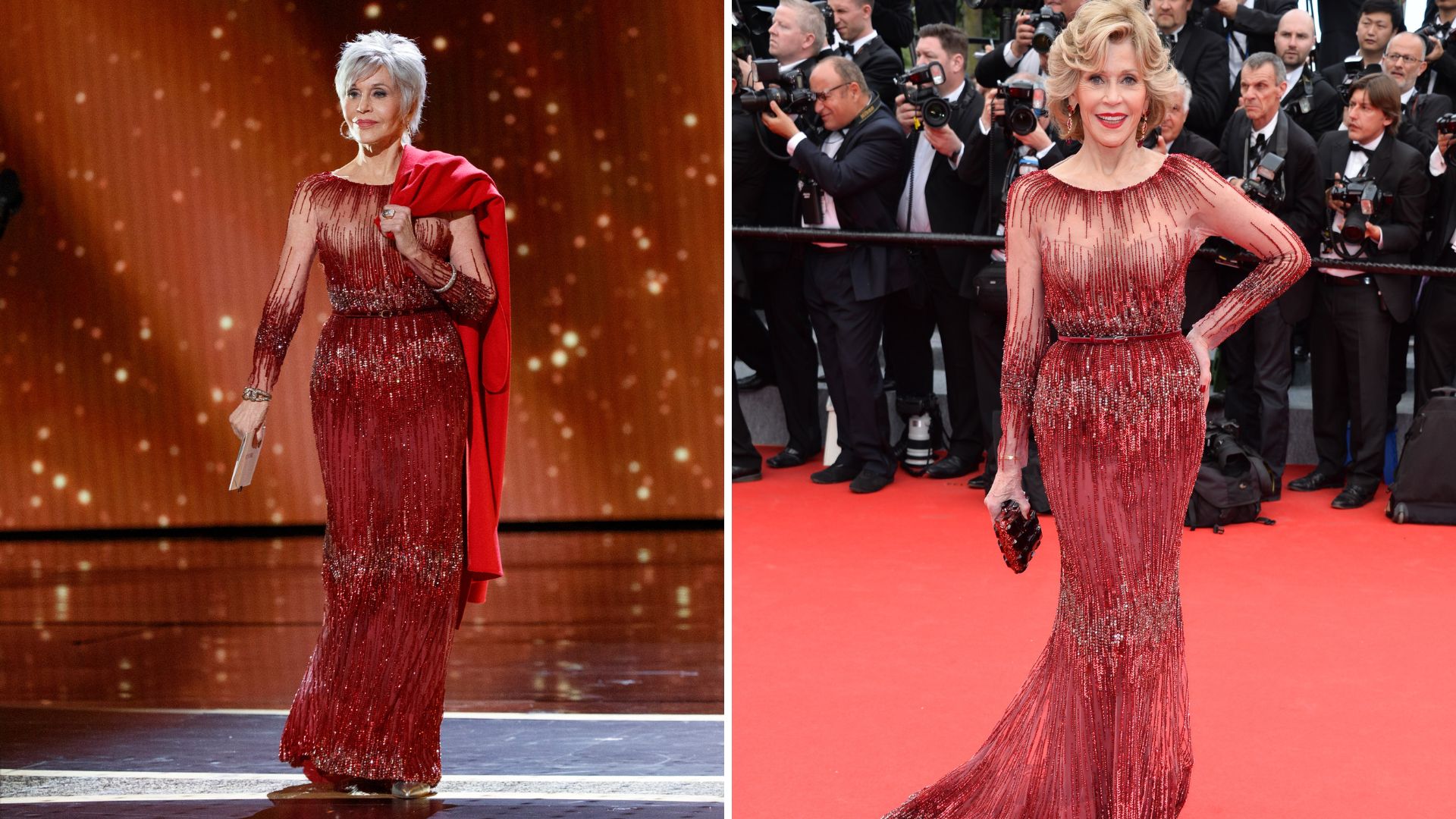 L-Jane Fonda at the 2020 Oscars, R-Jane Fonda at the 2014 Cannes Film Festival. She is wearing the same red dress in both