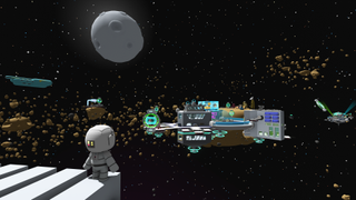A wobbly spaceman looks out into the void, a space station and a moon visible among clusters of asteroids.