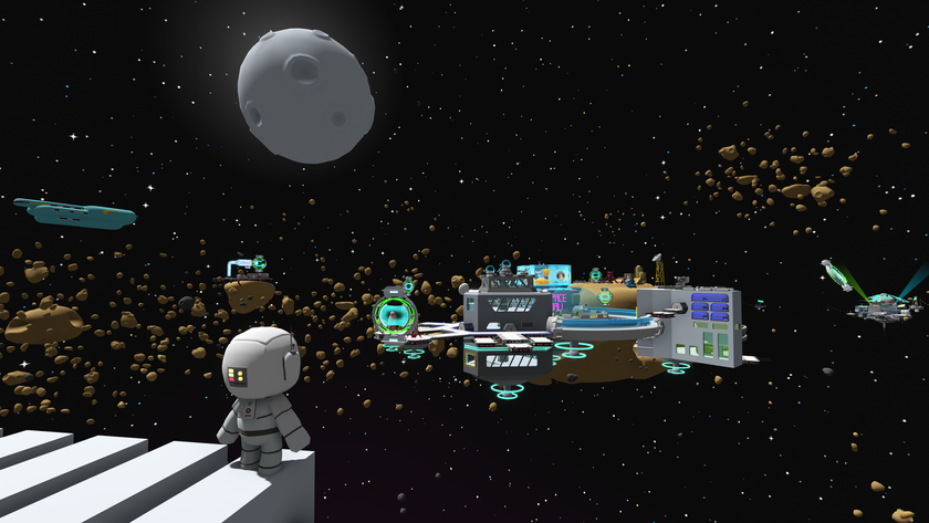 A wobbly spaceman looks out into the void, a space station and a moon visible among clusters of asteroids.