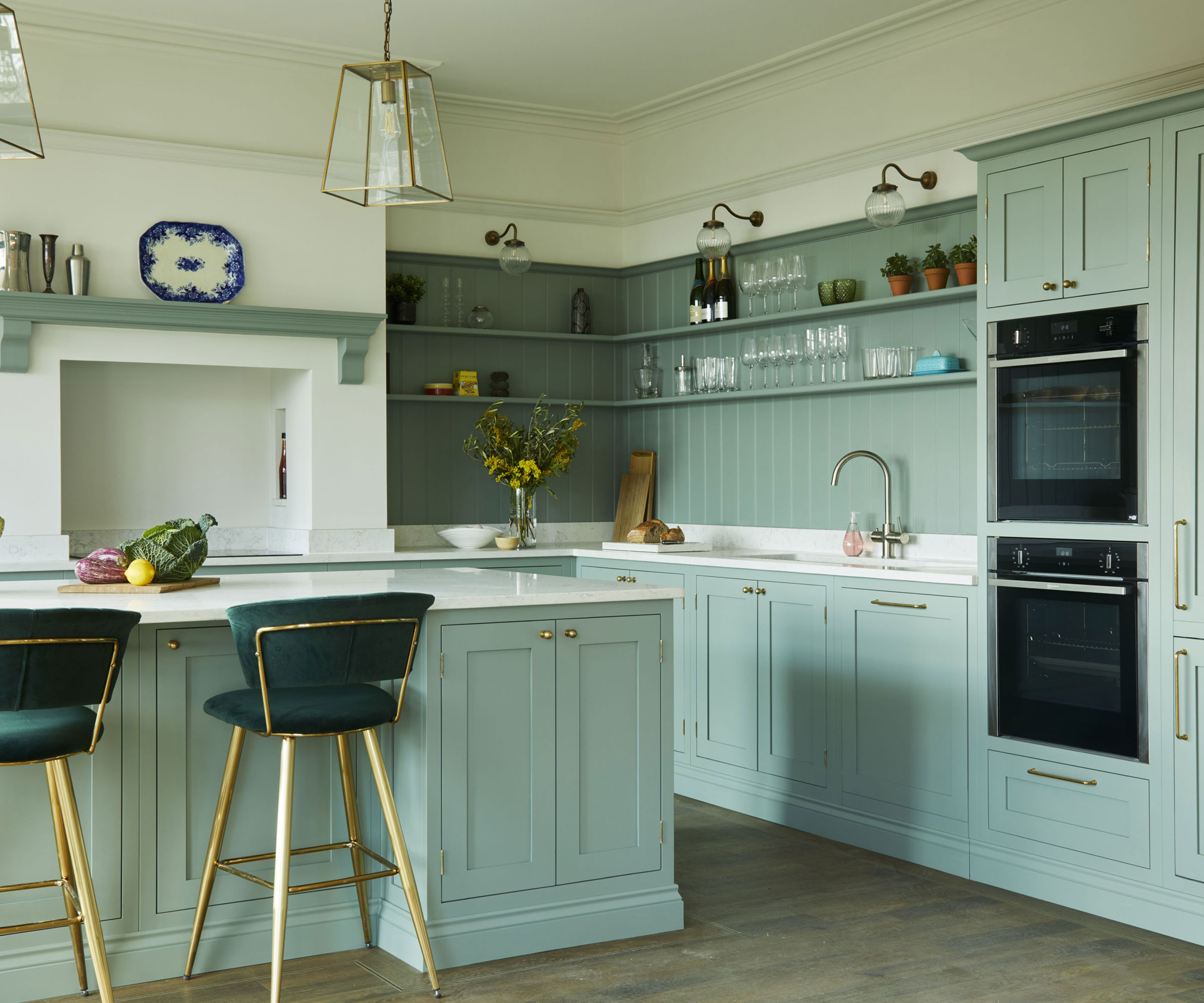 pale blue Shaker kitchen with large kitchen island