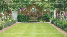 garden lawn in a walled garden with planted borders and a wooden bench