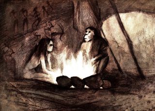 Drawing of neanderthals or ancient humans sitting around a campfire.