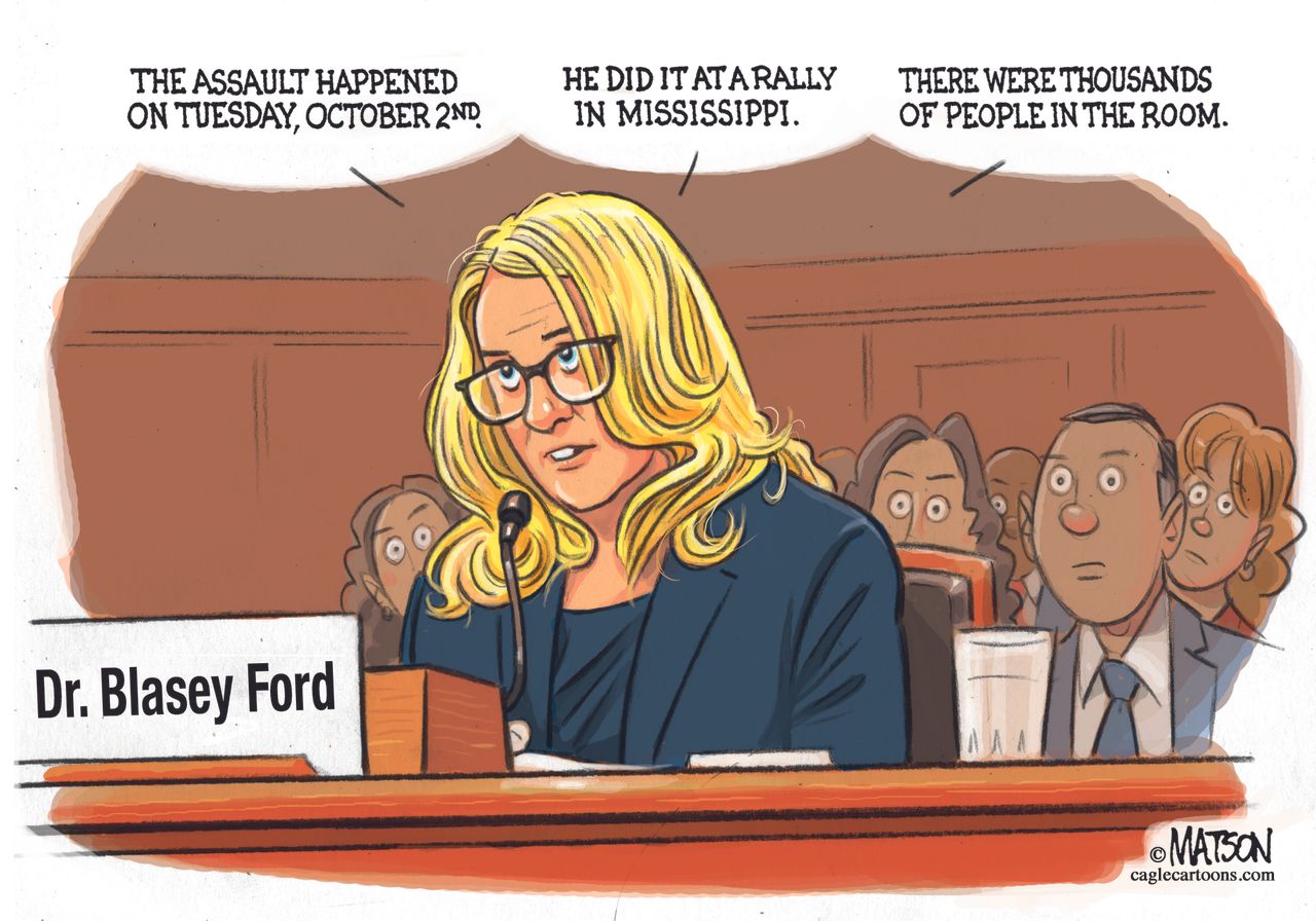 Political cartoon U.S. Christine Blasey Ford sexual assault Trump mocking rally Mississippi