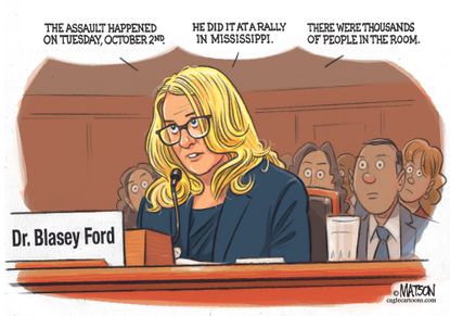 Political cartoon U.S. Christine Blasey Ford sexual assault Trump mocking rally Mississippi