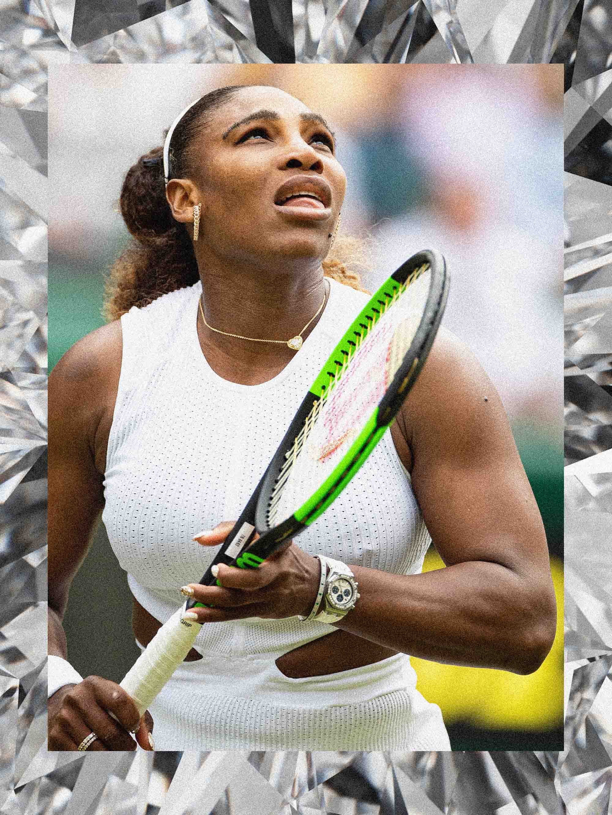 Serena Williams playing tennis while wearing a watch and tennis bracelet