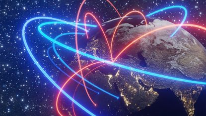 Earth with a global botnet showing red and blue-colored lines spreading out across the planet.