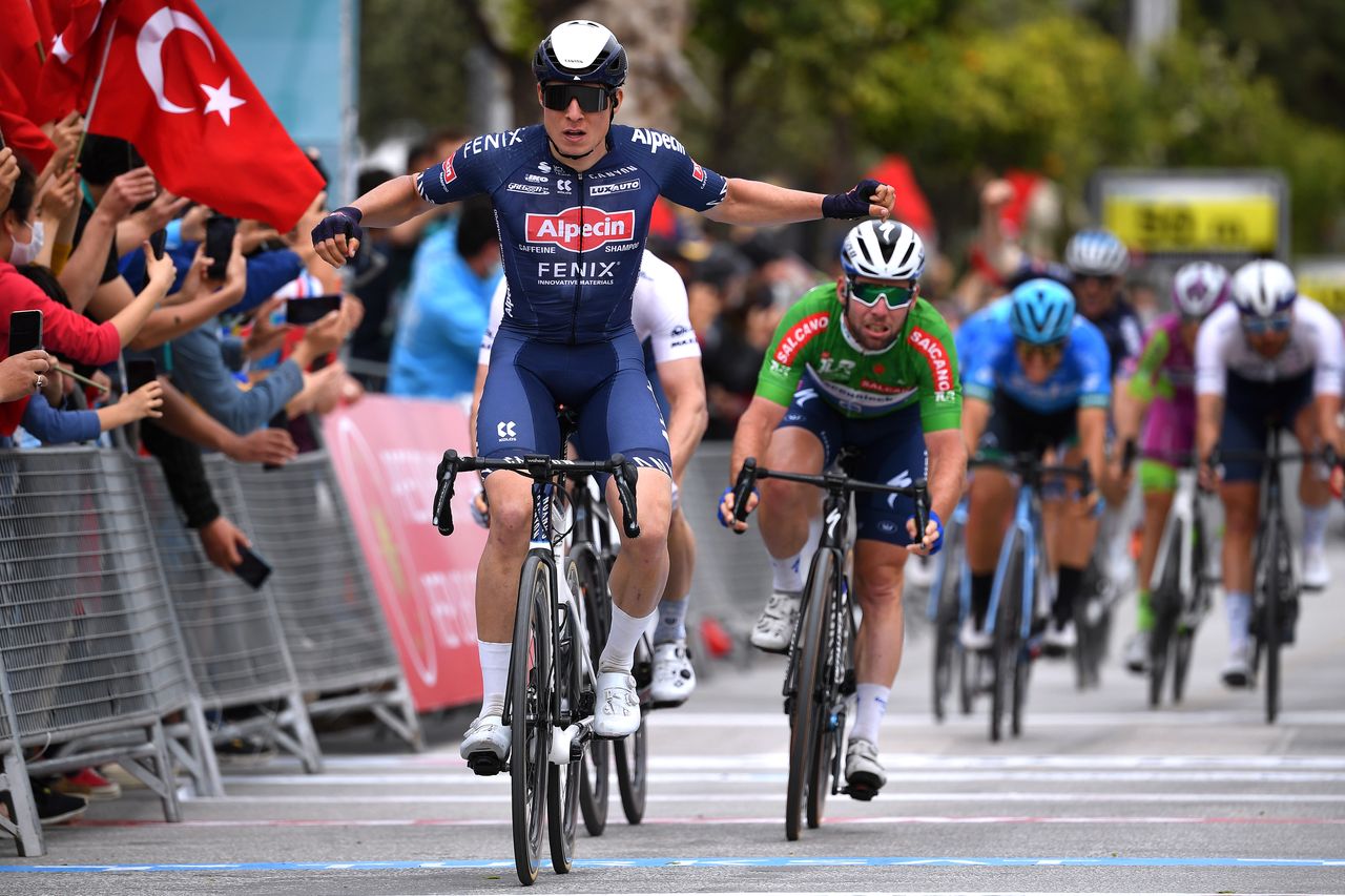 TURGUTREIS TURKEY APRIL 17 Jasper Philipsen of Belgium and Team AlpecinFenix celebrates as he crosses the finish line to win the the 56th Presidential Cycling Tour Of Turkey 2021 Stage 7 a 180km stage from Marmaris to Turgutreis TUR2021 tourofturkeyTUR on April 17 2021 in Turgutreis Turkey Photo by Stuart FranklinGetty Images