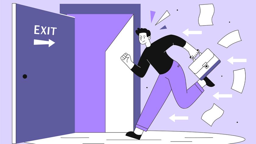 Revenge quitting concept image showing a worker with briefcase running toward an office exit door.