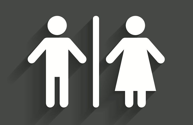 A sign indicates men&#039;s and women&#039;s bathrooms