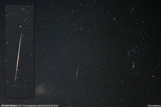 Skywatcher Pete Lawrence of Selsey, West Sussex in the United Kingdom snapped this view of an meteor streaking across the sky on Oct. 22, 2011 during the peak of the Orionid meteor shower.