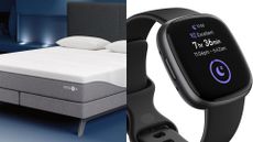 A Sleep Number i8 smart bed mattress in a room (left), a Fitbit Charge 6 sleep tracker wearable against a white background (right)