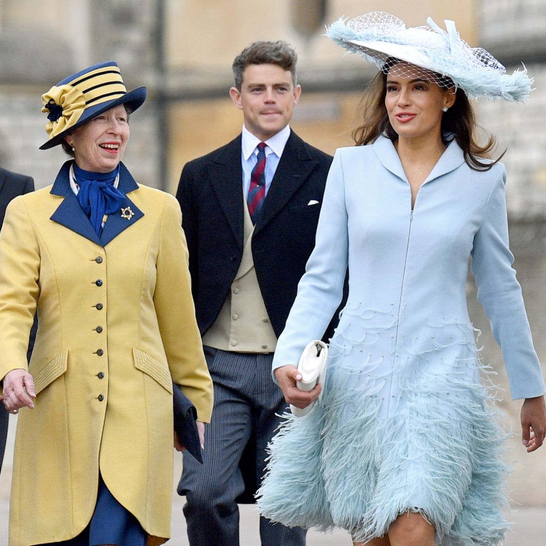 Prince Edward, Princess Anne, Sophie Winkleman, Prince Harry walking to church in dresses and suits