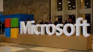 Microsoft logo is seen during the 2015 Microsoft Build Conference on April 29, 2015 at Moscone Center in San Francisco,