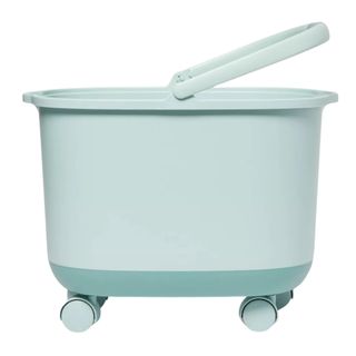 A blue rolling bucket with handle and wheels