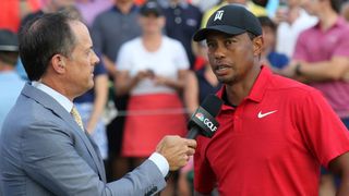 Dan Hicks interviews Tiger Woods at the 2018 Tour Championship
