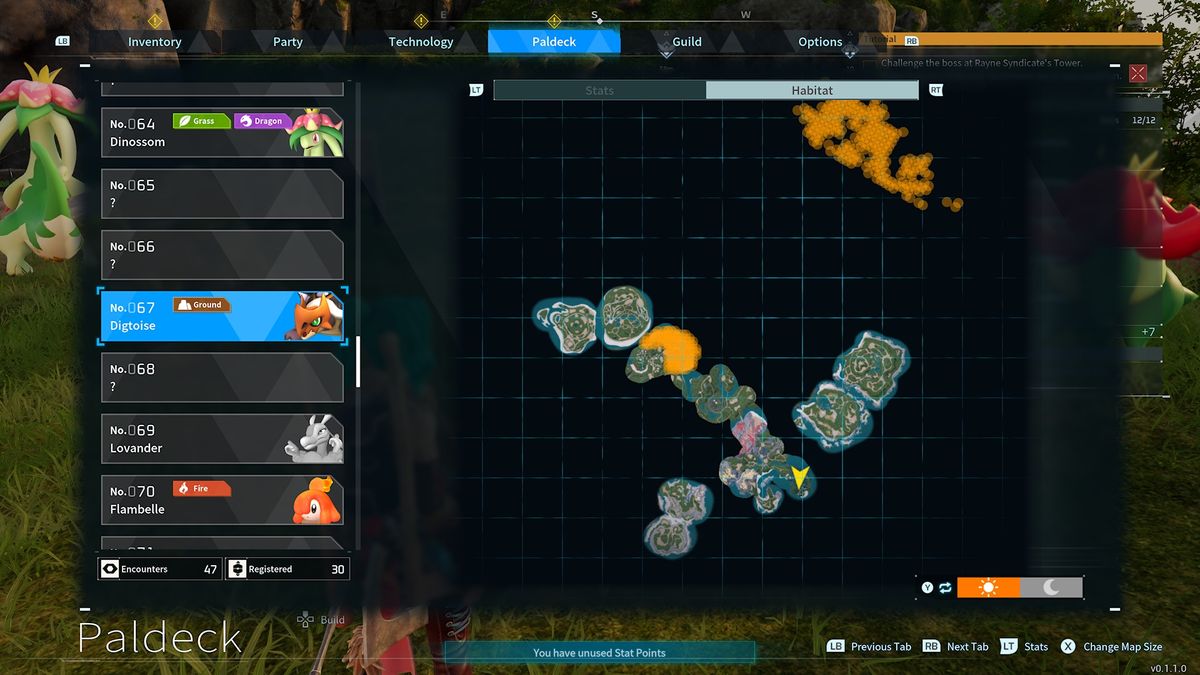 Digtoise's habitat shown on the Palworld map