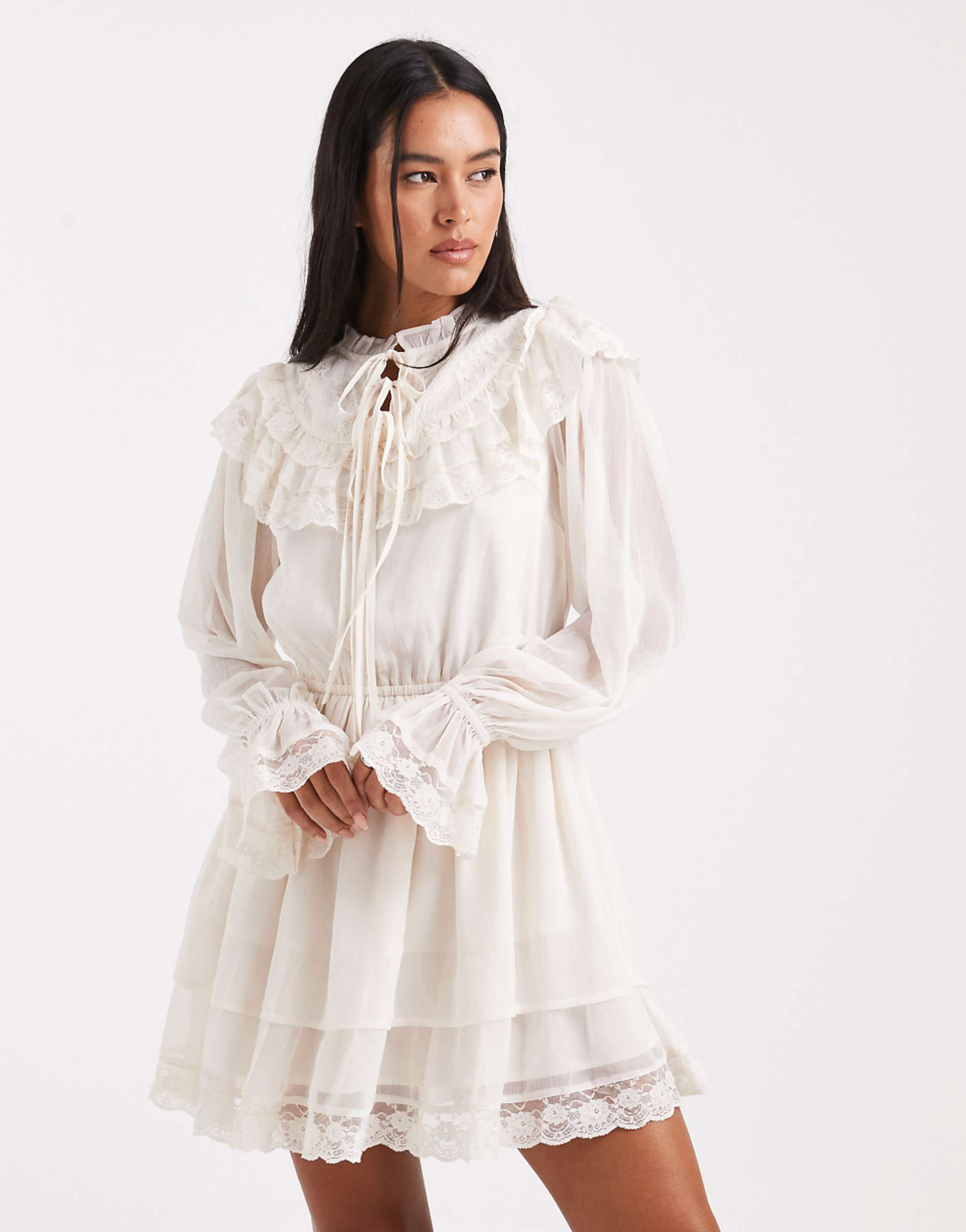 Miss Selfridge Chiffon Victoriana Ruffle Mini Dress in Ecru